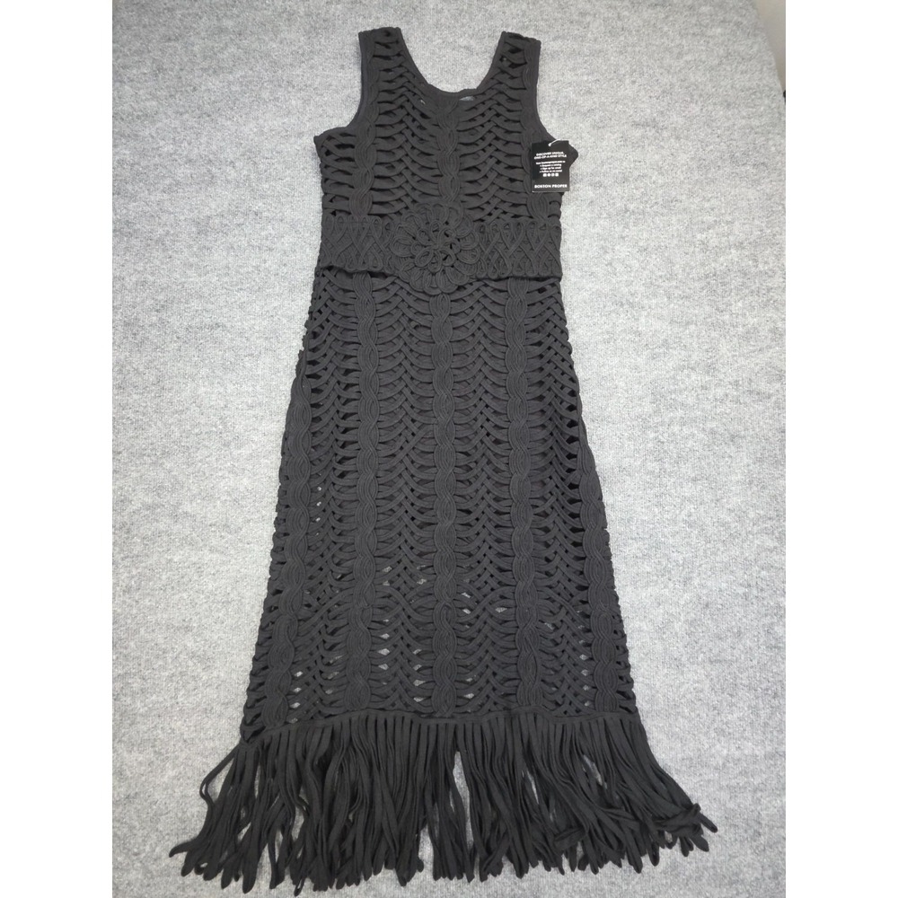 BOSTON PROPER Knit Crochet Dress Women's Small Black Sleeveless Cotton Lined NWT